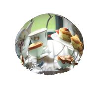 Afternoon Tea Print Large Size Waterproof Shower Cap For Women And Men Reusable Lightweight Soft Hat