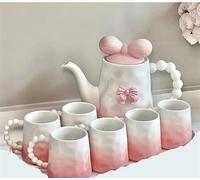 Afternoon Tea Set Household Kettle Ceramic Coffee Cups Milk Mug Teapot Bow Cute Girly Afternoon Tea Cup Set Pink Gradient Tea Sets(B)