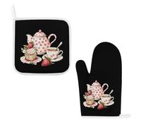 Afternoon Tea Teapot Cup Strawberry Cupcake 2 Pcs Potholder And Oven Gloves Heat Resistant Oven Mitts for Kitchen Baking Cooking
