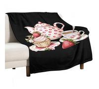 Afternoon Tea Teapot Cup Strawberry Cupcake Lightweight Throw Blanket for Bed Couch Soft Flannel Blankets Large Warm Plush Throws 50"x70"