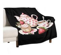 Afternoon Tea Teapot Cup Strawberry Cupcake Lightweight Throw Blanket for Bed Couch Soft Flannel Blankets Large Warm Plush Throws 50"x60"