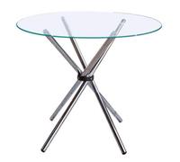 Clear Glass Top Round Dining Table with Silver Finish Metal Cross Base, Afton