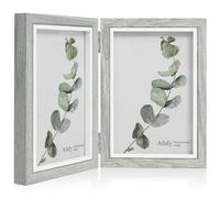 Afuly 6x4 Double Photo Frame Wooden Grey Foldable 4x6 Multi Picture Frames | Wall Hanging Desk Display with Hooks, HD Real Glass & Solid Wood, Wedding Birthday Memorial Gift for Family