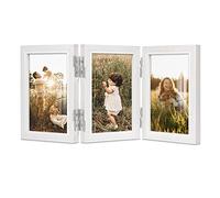 Afuly 6x4 Photo Frame White Triple 4x6 Multi Picture Frames 360° Folding | Wall Hanging Desk Display with Hooks, HD Real Glass & Solid Wood, Wedding Birthday Memorial Gift for Family