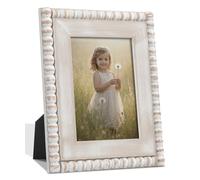 Afuly 6x4 Photo Frame Wooden White Rustic Boho Beaded 4x6 Picture Frames | with HD Glass & Hooks, Wall Hang Desk Landscape Portrait Display, Solid Wood, Family Women Gift for Birthday Memorial Decor