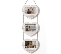 Afuly 6x4 Triple Photo Frame White Heart Rustic 4x6 Multi Picture Frames | Wall Hanging with Hooks, HD Real Glass & Solid Wood, Wedding Birthday Memorial Gift for Family Couple Women