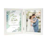 Afuly 7x5 Double Photo Frame Wooden White Foldable 5x7 Multi Picture Frames | Wall Hanging Desk Display with Hooks, HD Real Glass & Solid Wood, Wedding Birthday Memorial Gift for Family