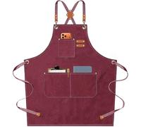AFUN Chef Apron, Cotton Canvas Cross Back Apron with Adjustable Straps and Large Pockets,M to XXL (Darkred)