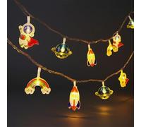 AFUNX Space Theme String Lights Battery Operated, 20 ft 40 LED Warm White Fairy Lights with Flash & Steady Modes, Rocket Astronaut Rainbow Globe Decorative Lights for Kids Bedroom, Party, Tent