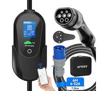 AFYEEV EV Charger 7kw Type 2, 6M, Blue CEE 32A Plug, Portable EV Charger Cable with Smart App, Electric Car Charger Adjustable Current 6/8/10/13/16/20/24/32A,Delay Timer 1-15 Hours, Carry Bag Included