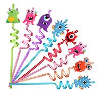 AFZMON 24 PCS Monster Drinking Straws Reusable Plastic Beverages Cocktail Straw with Cartoon Decoration for Kids Monster Party Supplies for Birthday Party Favors