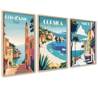 ag.art deco Pack of 3 Wall Art 30x40cm Unframed Wall Decor Sturdy MDF Wood | Côte d’Azur, for Living Room and Bedroom, Modern Design, Protective Glass, Easy Wall Mounting, Sturdy Frame, Living Room