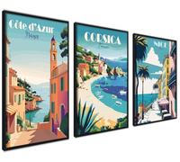 ag.art deco Pictures for Living Room | 40x50 cm Framed Wall Art | Posters with Black Frame | Canvas Wall Art for Hallway and Stairs | Room Decor | Set of 3 Artwork (Côte d’Azur)
