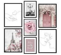 ag.art deco Pictures for Living Room | Set of 7 Framed Wall Art | Posters with Black Frame | Canvas Wall Art for Hallway and Stairs | Room Decor & Artwork | Framed Prints (Pink Paris)