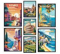 ag.art deco Pictures for Living Room | Set of 7 Framed Wall Art | Posters with Black Frame | Canvas Wall Art for Hallway and Stairs | Room Decor & Artwork | Framed Prints (Hola Italia)