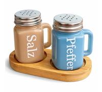 AG Salt & Pepper Shaker Set with Bamboo Tray - Glass Shaker with Stainless Steel Lid - Retro Design Kitchen Accessory & Table Decoration - Perfect as a Gift Idea for Kitchen, Housewarming & Wedding