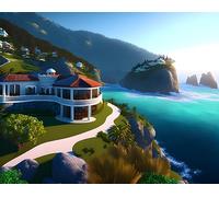 AgaaTi Wall Art Picture Photo on Canvas Mansion Perched on the Mountains Looking Out Over Into the Ocean for Home Decor 60x90cm