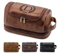 Aganmi Engraved Initial Travel Toiletry Bag 21st 30th 40th 50th 60th 70th 75th 80th Birthday Gifts for Men Him, PU Leather Shaving Bag Gift for Dad Husband Boyfriend Brother Grandpa, Reddish Brown D