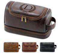 Aganmi Engraved Initial Travel Toiletry Bag 21st 30th 40th 50th 60th 70th 75th 80th Birthday Gifts for Men Him, PU Leather Shaving Bag Gift for Dad Husband Boyfriend Brother Grandpa, Dark Brown D