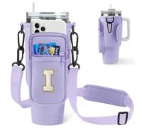 Aganmi Glitter Initial Water Bottle Sling Bag with Phone Pocket for Stanley 40oz Cup Accessories, Preppy Water Bottle Holder Bag with Shoulder Strap Personalized Gift for Women and Girls (Purple I)