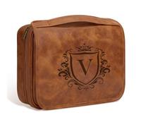 Aganmi Laser-Engraved Initial 3-in-1 Hanging Travel Toiletry Bag 21st 30th 40th 50th 60th Birthday Gifts for Men, Personalized PU Leather Shaving Bag for Dad Husband Brother Boyfriend Light Brown V
