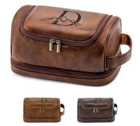 Aganmi Laser-Engraved Initial Travel Toiletry Bag 21st 30th 40th 50th 60th 70th 75th 80th Birthday Gifts for Men, Personalized PU Leather Shaving Bag for Dad Husband Brother Boyfriend Reddish Brown D