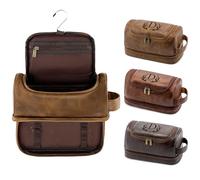 Aganmi Laser-Engraved Initial Travel Toiletry Bag 21st 30th 40th 50th 60th 70th 75th 80th Birthday Gifts for Men, PU Leather Shaving Bag for Dad Husband Boyfriend Brother Grandpa (Light Brown D)