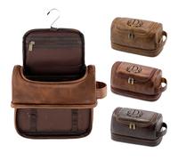 Aganmi Laser-Engraved Initial Travel Toiletry Bag 21st 30th 40th 50th 60th 70th 75th 80th Birthday Gifts for Men, PU Leather Shaving Bag for Dad Husband Boyfriend Brother Grandpa (Reddish Brown D)