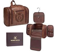 Aganmi Personalized Birthday Gifts for Men Large Leather Toiletry Travel Bag Hanging Shaving Dopp Kit Bathroom Hygiene Case, Custom Gifts for Mens Boss Manager New Job Promotion Cognac Initial D