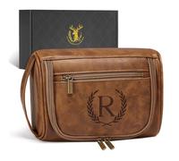 Aganmi Travel Essentials Accessories Personalized Engraved Initial Letter Toiletry Bag for Men, Waterproof PU Leather Travel Size Toiletries Storage Organizer Shaving Bag for Men Light Brown R
