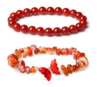 Agate 2-Piece Bracelet Set, Smooth Round Beads & Chip Butterfly Stone, High-Polish Stretch 8mm, Handmade Unisex Stackable Jewelry