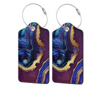 Agate Abstract Purple, Blue, Gold,Luggage Tags Pu Leather Name Tag Travel Suitcase Identifier ID Tags Durable Luggage Label 2 pcs