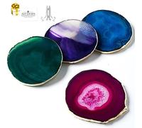 Agate Coasters Set of 4 Blue Green Purple,Natural Big Agate Slices Geode Stone Coasters with Gold Rim,Crystal Coasters for Drink,Decorative Geode Coasters for Home Decor Coasters for Coffee Table