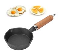 Agatige 10cm Mini Cast Iron Skillet with Wood Handle, Flat Bottom Egg Frying Pan for Pancakes, Non Stick Small Saucepan with Hanging Hole, Compatible with Gas, Induction & Electric Cooktops