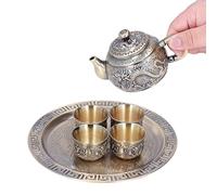 Agatige Metal Tea Set, Moroccan Relief Pattern Coffee Pot Turkish Tea Kettle with Cups Plate for Table Decoration Wedding Ornaments