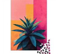 Agave Plant with Geometric Background ｜ Aloe in Retro Sunset Stripes ｜ Botanical 1000-Piece Jigsaw Puzzle for Adults, 70x50cm/1000pcs, White Cardboard, Relaxing Indoor Activity And Evening Downtime