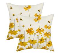 AGAYNA Spring Flower Pillow Covers 16x16 Yellow Daisy Bee Farmhouse Decor Throw Pillows Case for Couch Floral Seasonal Pillowcase Outdoor Decorative Cushion Case for Sofa Bed Decorations Set of 2