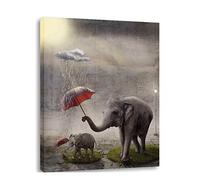AGCary Elephants Hold Umbrellas for Baby Elephants Poster Wall Decor Print Oil Paintings Canvas Home Decor Wooden Framed Stretched Prints on Canvas Reproduction Ready to Hang 16x20