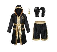 AGCOAH Adult Boxer Costume Boxing Robe Wrestler Gear Fight Club Gloves Star Necklace 3 Pcs Halloween Cosplay, Black and Gold, XL