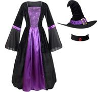 AGCOAH Wicked Witch Women Costume Evil Vintage Witchy Dress Adult Spider Sorceress Outfit 3PCS Halloween Witch Cosplay Spider Purple M