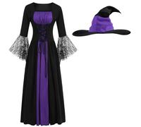 AGCOAH Women Witch Costume Long Wicked Witchy Dress Adult Evil Sorceress Outfit 2PCS with Hat Halloween Cosplay, Purple and Black, Small