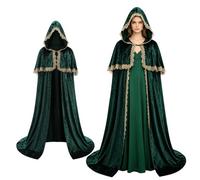 AGCOAH Women's Medieval Velvet Cloak with Lace Trim Renaissance Hooded Cape Witch Costume for Halloween Cosplay（Forest Green,59.05''）