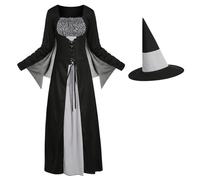 AGCOAH Womens Witches Costume Wicked Witch of the West Dress Adult Evil Sorceress Outfits with Hats Halloween Dress Up Cosplay Black and Gray M