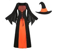 AGCOAH Womens Witches Costume Wicked Witch of the West Dress Adult Evil Sorceress Outfits with Hats Halloween Dress Up Cosplay Black and Orange M
