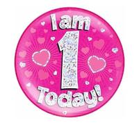 Age 1 Birthday Badge Pink And Silver Stars And Hearts Holographic Recyclable 1st Birthday Party Badge OTP