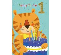 Age 1 Boy Birthday Card - 1st Birthday Tiger with Cake and Red Foil 7.75x5.25