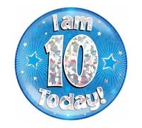 Age 10 Birthday Badge Blue And Silver Stars Holographic Recyclable 10th Birthday Party Badge OTB