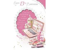 Age 13 Female Birthday Card - 13 Today Pink Laptop, Perfume & Make Up 9" x 6"