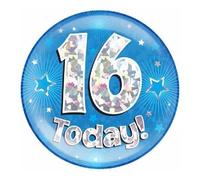 Age 16 Birthday Badge Blue And Silver Stars Holographic Recyclable Sixteen 16th Birthday Party Badge OTB
