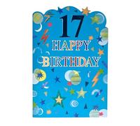 Age 17 Birthday Card - 17th Birthday Blue with Shaped Top Stars Shapes and Blue Foil 7.5x5.25